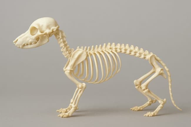 Side view of a small animal skeleton, likely a dachshund, displayed against a plain gray background. The clean, fully articulated bones highlight common dachshund back problems and offer insight into wiener dog health.