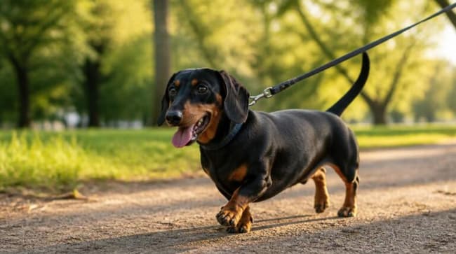 Dachshund walking happily on a leash outdoors during daily exercise