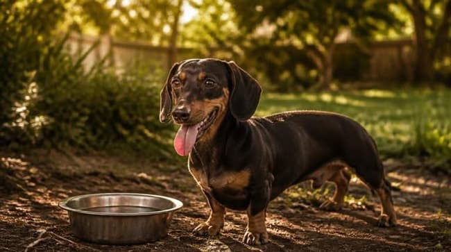 A dachshund panting in the shade next to a water bowl on a hot summer day, illustrating dachshund heatstroke prevention