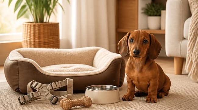 Dachshund puppy sitting beside a crate bed, harness, and food bowl, puppy checklist essentials