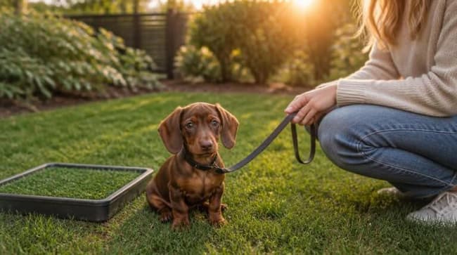A dachshund puppy sitting on grass next to an outdoor potty training pad while its owner holds the leash at golden hour